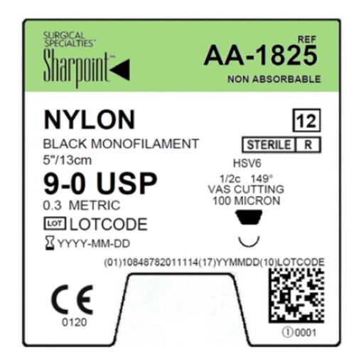[AA-1825] Surgical Specialties Sharpoint 9-0 6 mm Nylon Non Absorbable Suture with Needle and Black, 12 per Box