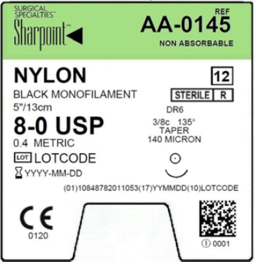 [AA-0145] Surgical Specialties Sharpoint 6 mm x 5 inch Nylon Non Absorbable Suture with Needle and Black, 12 per Box