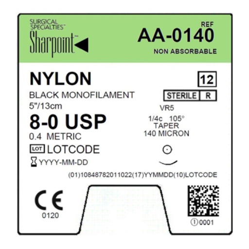 [AA-0140] Surgical Specialties Sharpoint 8-0 5 mm Nylon Non Absorbable Suture with Needle and Black, 12 per Box