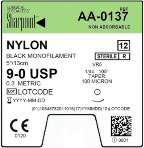 [AA-0137] Surgical Specialties Sharpoint 1/4 Circle Nylon Non Absorbable Suture with Needle and Black, 12 per Box