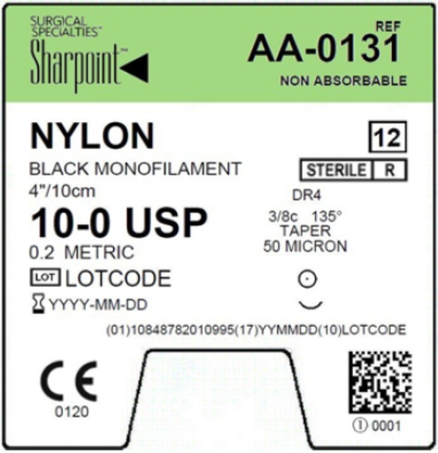 [AA-0131] Surgical Specialties Sharpoint 50 microns x 4 inch Nylon Non Absorbable Suture with Needle and Black, 12 per Box