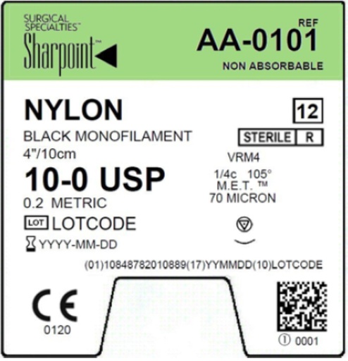 [AA-0101] Surgical Specialties Sharpoint 10-0 4 inch Nylon Non Absorbable Suture with Needle and Black, 12 per Box