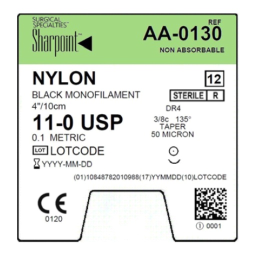 [AA-0130] Surgical Specialties Sharpoint 11-0 4 mm Nylon Non Absorbable Suture with Needle and Black, 12 per Box