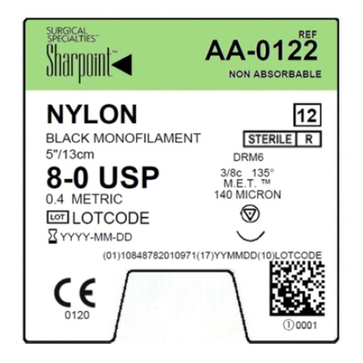 [AA-0122] Surgical Specialties Sharpoint 8-0 5 inch Nylon Non Absorbable Suture with Needle and Black, 12 per Box