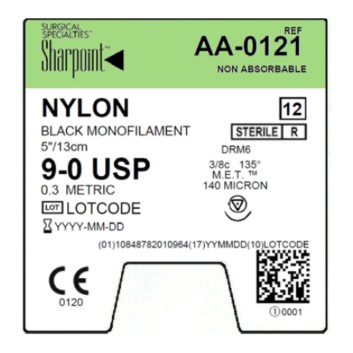 [AA-0121] Surgical Specialties Sharpoint 9-0 6 mm Nylon Non Absorbable Suture with Needle and Black, 12 per Box