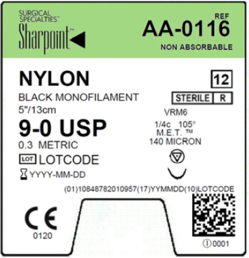 [AA-0116] Surgical Specialties Sharpoint 9-0 140 microns Nylon Non Absorbable Suture with Needle and Black, 12 per Box