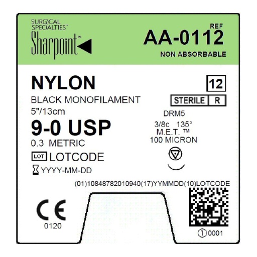 [AA-0112] Surgical Specialties Sharpoint 9-0 100 microns Nylon Non Absorbable Suture with Needle and Black, 12 per Box