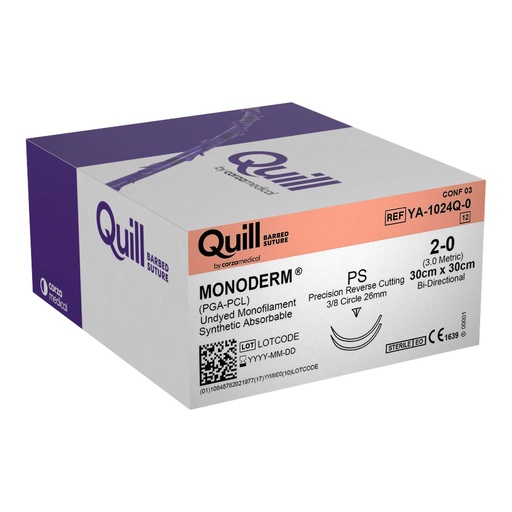 [YA-1024Q-0] Surgical Specialties Quill Monoderm 30 cm x 30 cm 19 mm Polyglycolic Acid / PCL Absorbable Suture with Needle and Undyed, 12 per Box