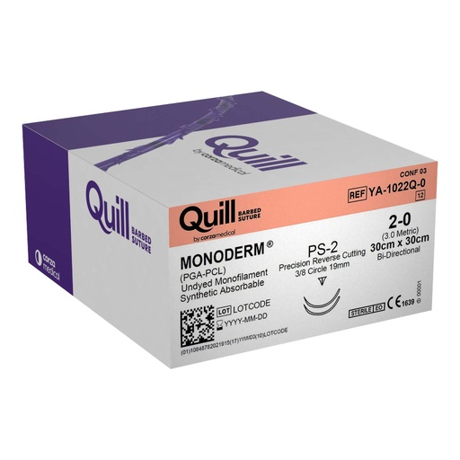 [YA-1022Q-0] Surgical Specialties Quill Monoderm 30 cm x 30 cm 19 mm Polyglycolic Acid / PCL Absorbable Suture with Needle and Undyed, 12 per Box