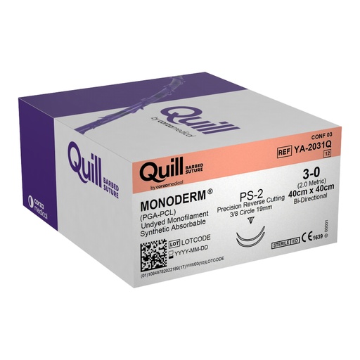 [YA-2031Q] Surgical Specialties Quill Monoderm 40 cm x 40 cm Polyglycolic Acid / PCL Absorbable Suture with Needle and Undyed, 12 per Box