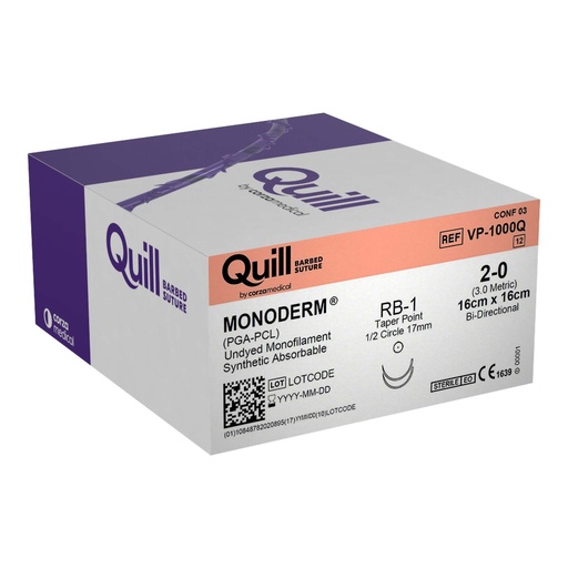 [VP-1000Q] Surgical Specialties Quill Monoderm 16 cm x 16 cm Polyglycolic Acid / PCL Absorbable Suture with Needle and Undyed, 12 per Box