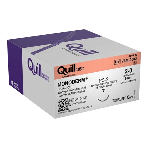 [VLM-2002] Surgical Specialties Quill Monoderm 2-0 60 cm Polyglycolic Acid / PCL Absorbable Suture with Needle and Undyed, 12 per Box