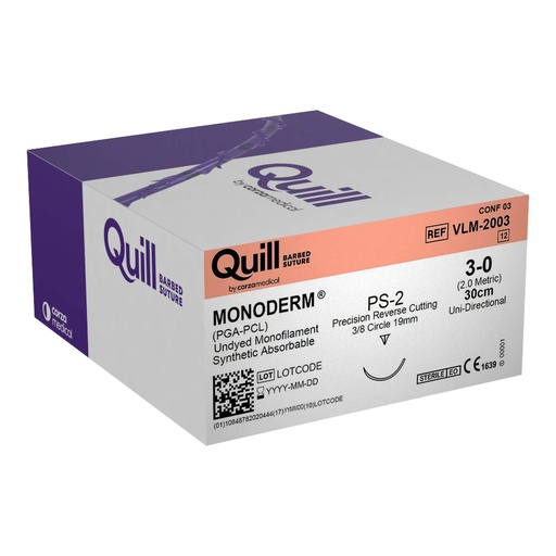 [VLM-2003] Surgical Specialties Quill Monoderm 19 mm x 30 cm Polyglycolic Acid / PCL Absorbable Suture with Needle and Undyed, 12 per Box