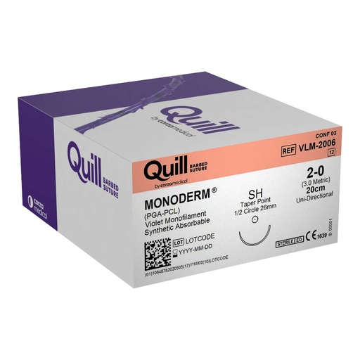 [VLM-2006] Surgical Specialties Quill Monoderm 26 mm x 20 cm Polyglycolic Acid / PCL Absorbable Suture with Needle and Violet, 12 per Box