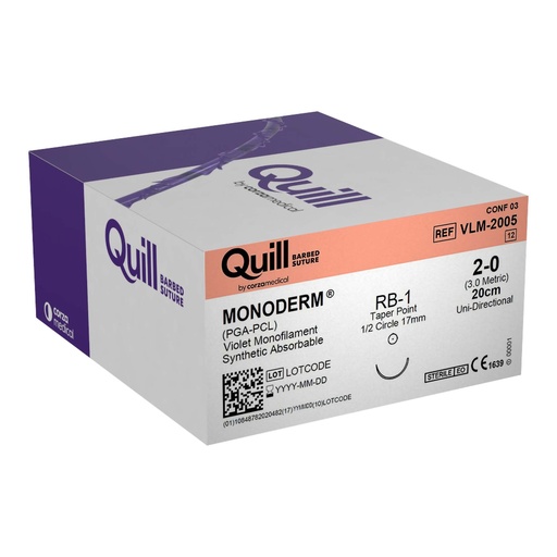 [VLM-2005] Surgical Specialties Quill Monoderm 17 mm x 20 cm Polyglycolic Acid / PCL Absorbable Suture with Needle and Violet, 12 per Box