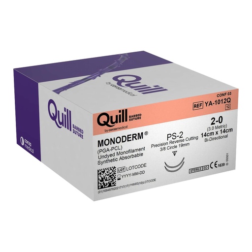 [YA-1012Q] Surgical Specialties Quill Monoderm 14 cm x 14 cm 19 mm Polyglycolic Acid / PCL Absorbable Suture with Needle and Undyed, 12 per Box
