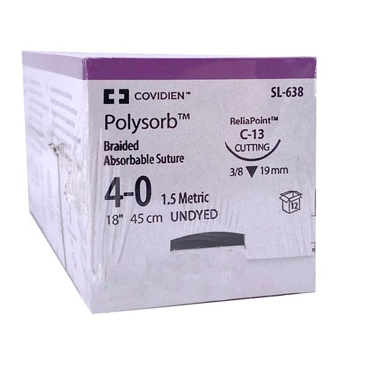[SL638] Medtronic Polysorb 45 cm 3/8 Circle Size 4-0 C-13 Braided Synthetic Absorbable Coated Suture, 12/Box