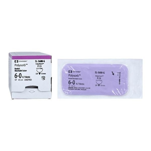 [SL5688G] Medtronic Polysorb 45 cm 3/8 Circle Size 6-0 P-13 Braided Synthetic Absorbable Coated Suture, 12/Box