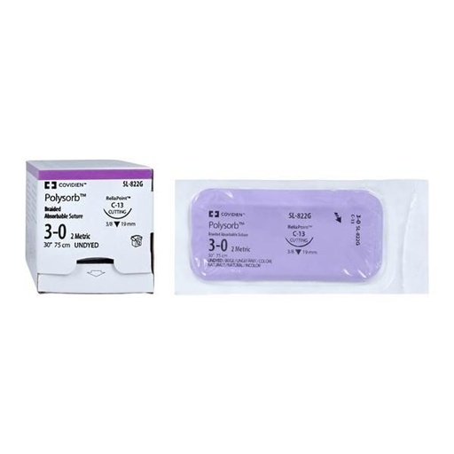 [SL822G] Medtronic Polysorb 75 cm 3/8 Circle Size 3-0 C-13 Braided Synthetic Absorbable Coated Suture, 12/Box