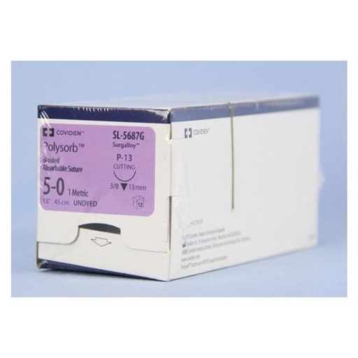 [SL5687G] Medtronic Polysorb 45 cm 3/8 Circle Size 5-0 P-13 Braided Synthetic Absorbable Coated Suture, 12/Box