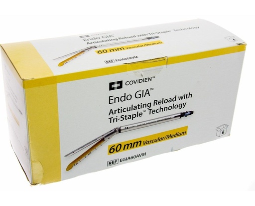 [EGIA60AVM] Medtronic Endo GIA 60 mm Tri-Staple Standard Vascular and Medium Articulating Reload, Tan, 6/Box