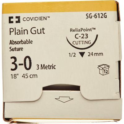 [SG612G] Medtronic Plain Gut 18 inch 1/2 Circle Size 3-0 C-23 Sterile Absorbable Surgical Suture, 12/Box