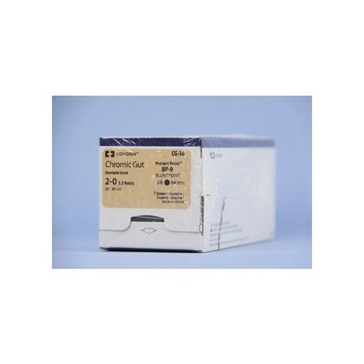 [CG36] Medtronic Chromic Gut 36 inch 3/8 Circle Size 2-0 BP-9 Sterile Absorbable Suture, 12/Box