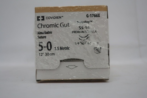 [G1766K] Medtronic Chromic Gut 12 inch 1/4 Circle Size 5-0 SS-14 Sterile Absorbable Suture, 12/Box