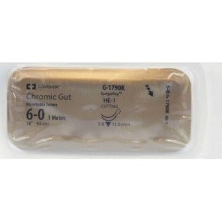 [G1790K] Medtronic Chromic Gut 18 inch 3/8 Circle Size 6-0 HE-1 Double Arms Sterile Absorbable Suture, 12/Box