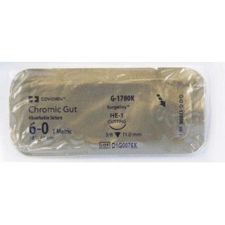 [G1780K] Medtronic Chromic Gut 18 inch 3/8 Circle Size 6-0 HE-1 Single Arm Sterile Absorbable Suture, 12/Box