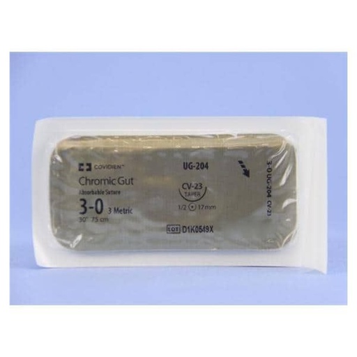[UG204] Medtronic Chromic Gut 30 inch 1/2 Circle Size 3-0 CV-23 Sterile Absorbable Suture, 36/Box