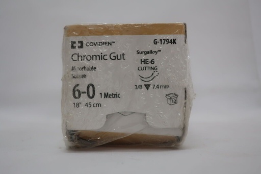 [G1794K] Medtronic Chromic Gut 18 inch 3/8 Circle Size 6-0 HE-6 Sterile Absorbable Suture, 12/Box