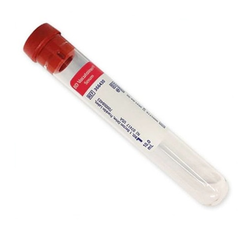 [366430] BD Vacutainer 16 mm x 100 mm Glass Serum Blood Collection Tubes w/ Conventional Stopper, Red, 100/bx