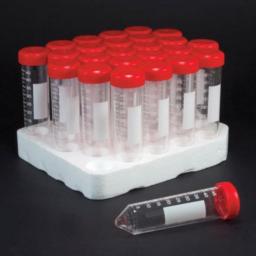[6243] Globe Scientific 50 ml PP Sterile Racked Centrifuge Tube w/ Separate Red Screw Cap, 500/Case