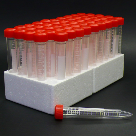 [6274] Globe Scientific 15 ml PS Sterile Racked Centrifuge Tube w/ Separate Red Screw Cap, 500/Case
