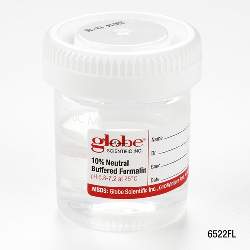 [6522FL] Globe Scientific 60 ml PP Click Close Containers w/ 10% Neutral Buffered Formalin, 96/Case
