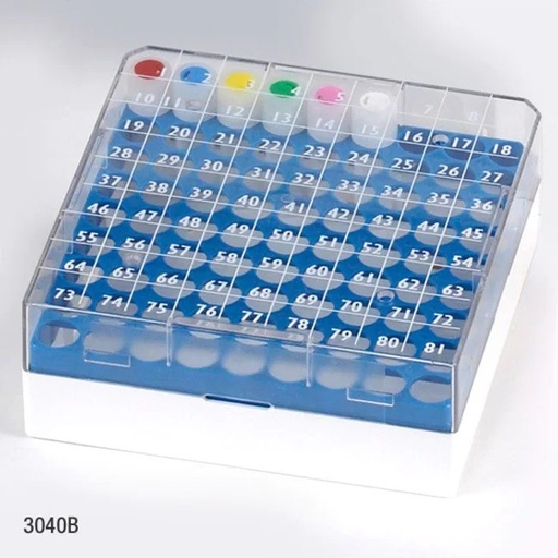 [3040B] Globe Scientific 81-Place PC Storage Biobox for 1 & 2 ml Cryogenic Vials, Blue, 5/Box