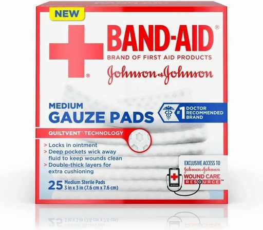 [116126] Johnson & Johnson Band-Aid 3 inch x 3 inch 25 Count First Aid Medium Gauze Pads, 24 Boxes/Case