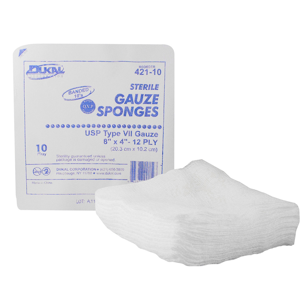 [421-10] Dukal 8 x 4 inch 12-Ply Type VII Sterile Gauze Sponges, 800/Pack