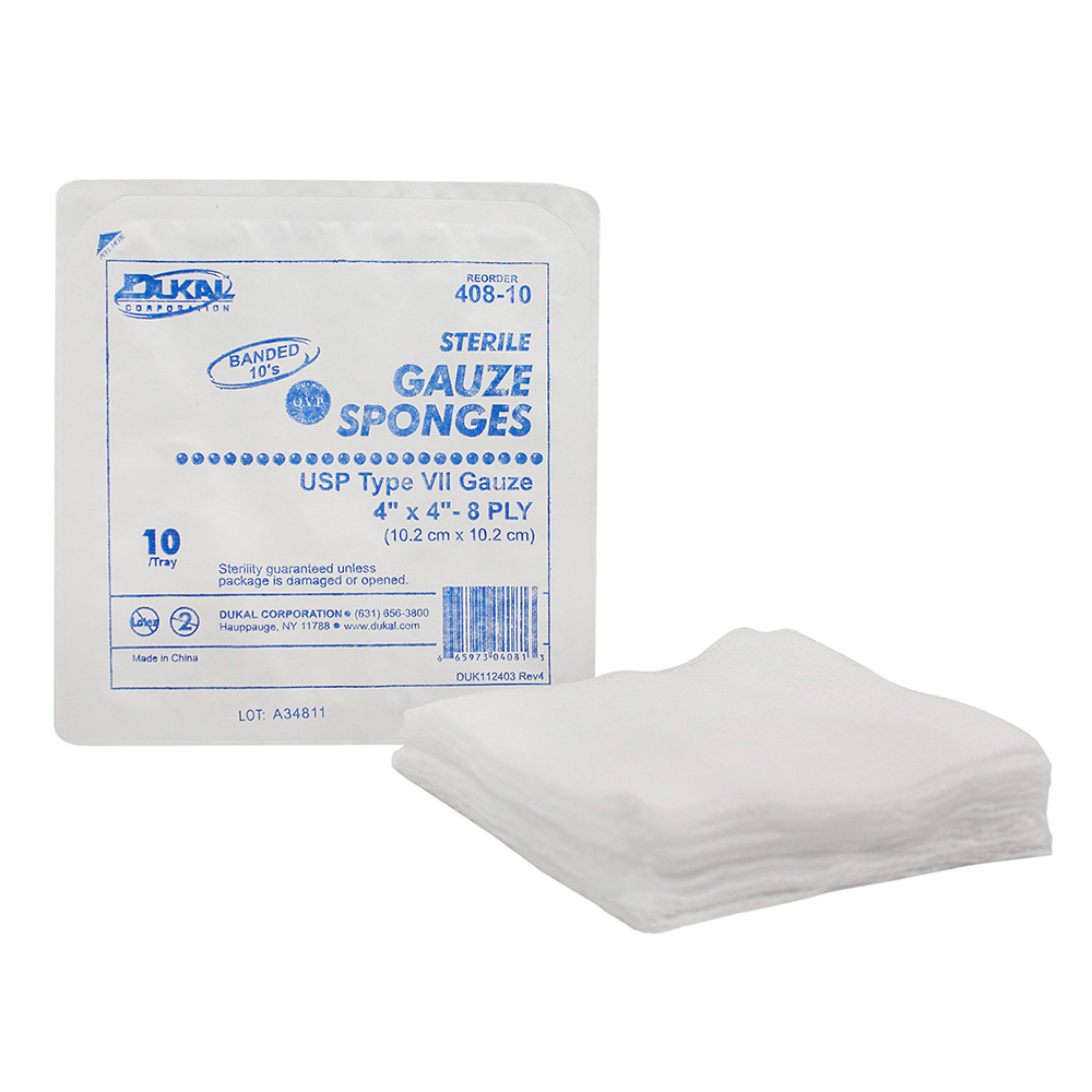 [408-10] Dukal 4 x 4 inch 8-Ply Type VII Sterile Gauze Sponges, 1280/Pack