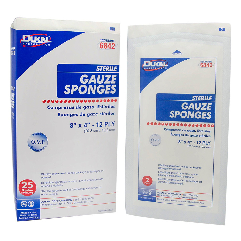 [6842] Dukal 8 x 4 inch 12-Ply Sterile Gauze Sponges, 1000/Pack
