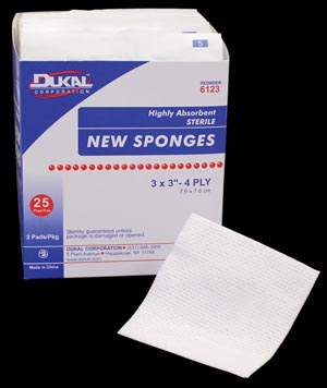 [6123] Dukal New Sponges 3" x 3", Non-Woven, Sterile, 4-Ply, 25 pk