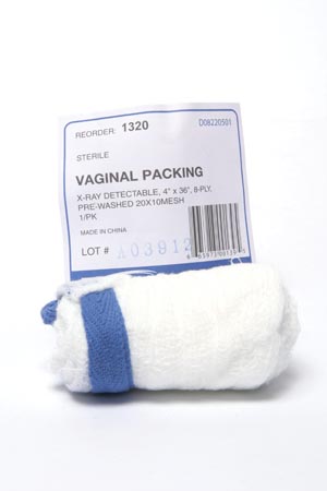 [1320] Dukal Section Sponge, Vaginal Pack, 4"x36", Sterile 1s, 8-Ply, Prewash, X-ray Dtctbl, 2x1 Mesh