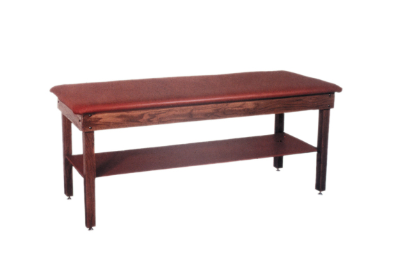 [15-1020] wooden treatment table - H-brace, shelf, upholstered, 72" L x 24" W x 30" H