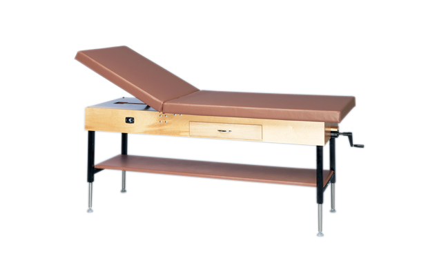 [15-1201] wooden treatment table - manual hi-low, shelf, drawer, upholstered, 78" L x 30" W x 25" - 33" H, 2-section