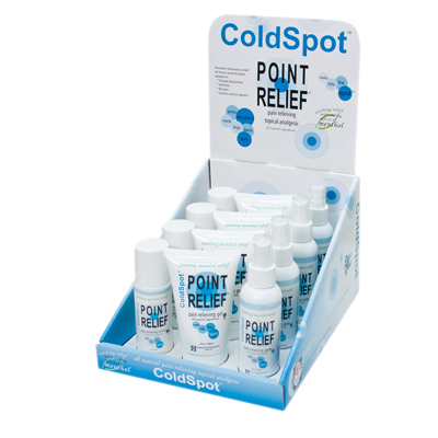 [11-0765-12] Point Relief ColdSpot Lotion - Retail Display with 4 x 3 oz Spray, 3 oz Roll-on and 4 oz Gel