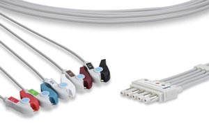 [10025] Cables and Sensors ECG Leadwire 5 Leads Clip, Spacelabs Compatible w/ OEM: 700-0006-37