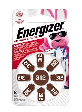 [AZ312DP-8] Energizer Battery, Inc. Battery, Hearing Aid, Size 312, Zinc, Brown Tab, 8/pk, 24pk/cs