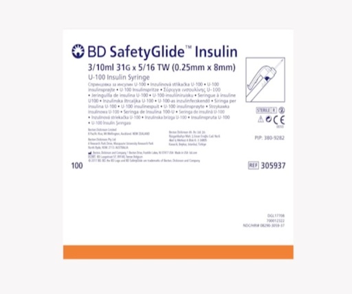 [305937] BD, Safety-Glide Insulin Syringes 8mm x 31G 3/10 mL, TW Needle