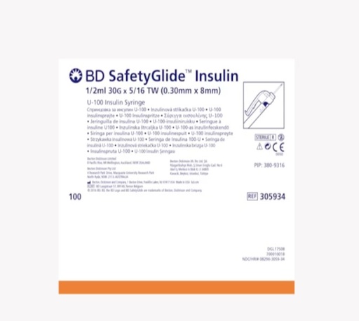 [305934] BD, Safety-Glide Insulin Syringes 8mm x 30G 1/2mL w/TW needle